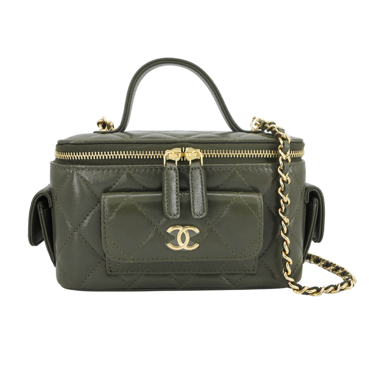 CHANEL Lambskin Quilted Top Handle Mini Vanity Case With Chain Green  1024372