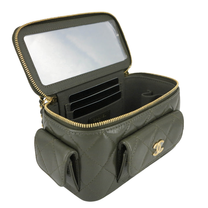 CHANEL 22K Small Vanity Case with Mini Pockets in Khaki Green Calfskin