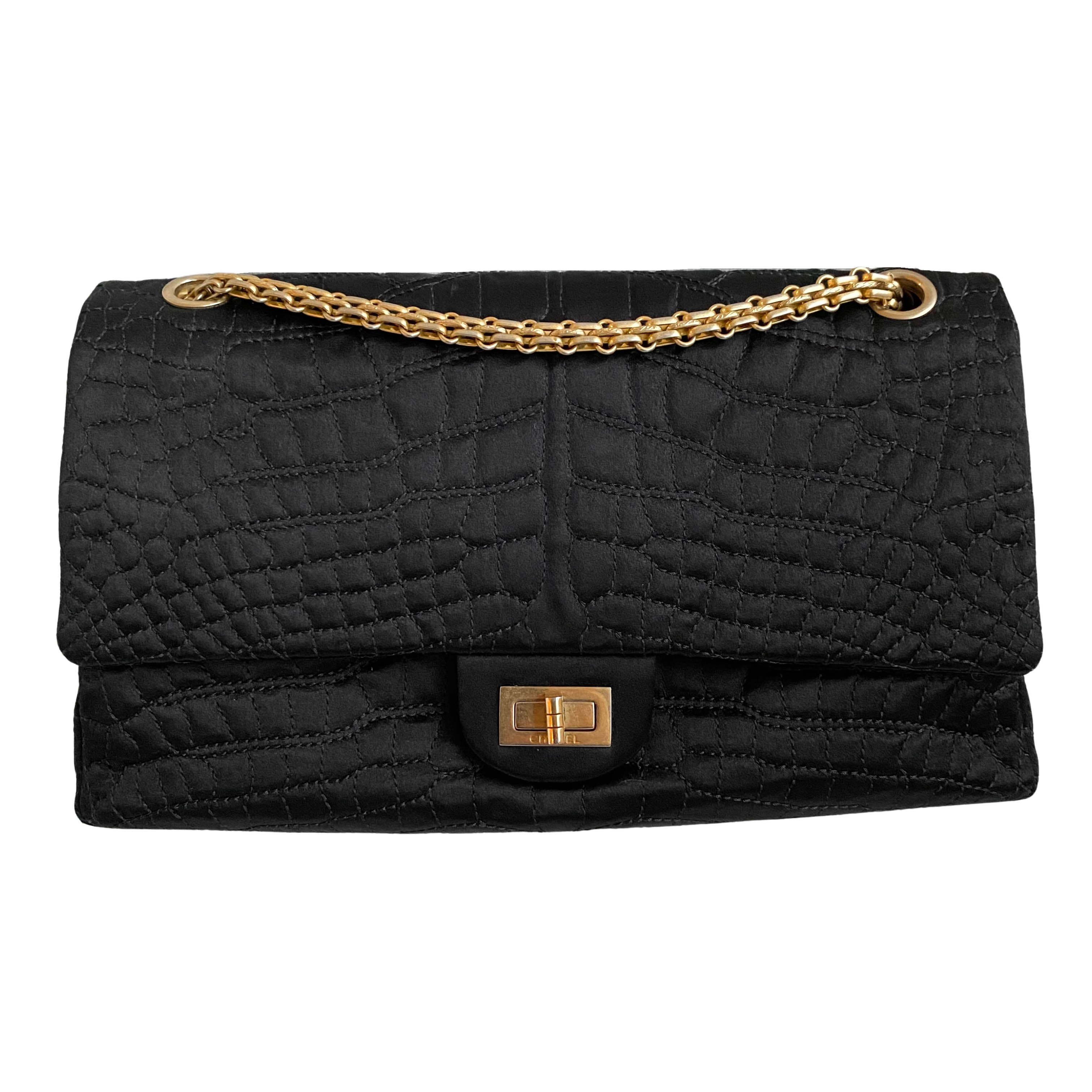 Chanel Black Satin Croc Embossed 2.55 Reissue Flap Bag Size 226 | Dearluxe
