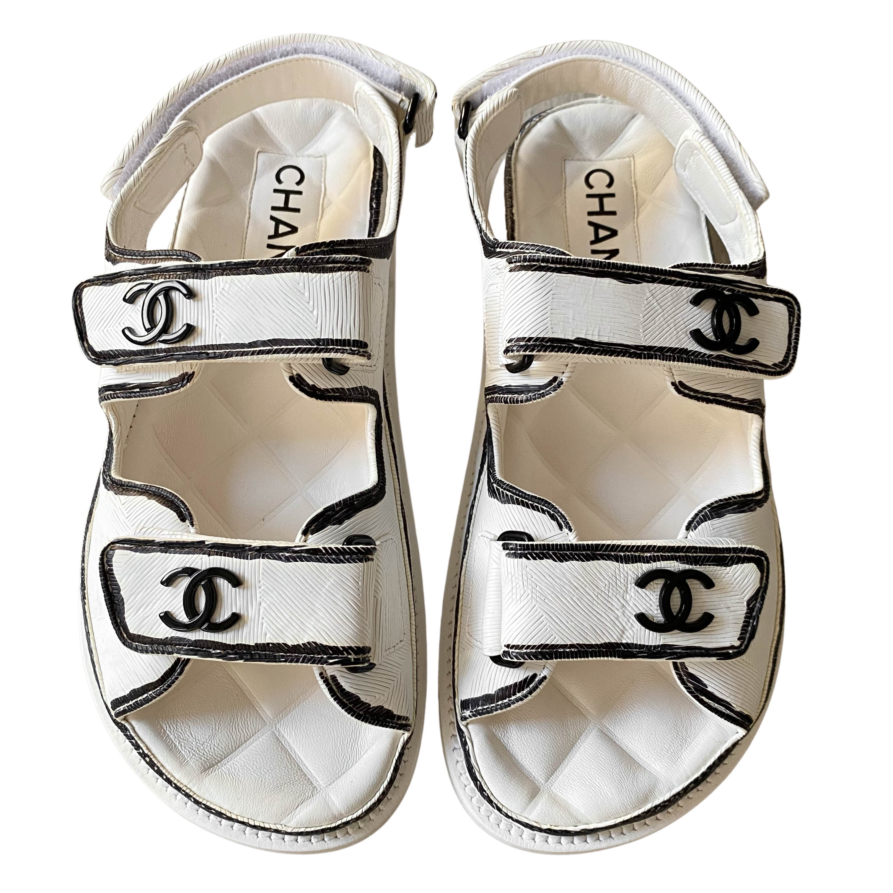 CHANEL 22C Black and White Printed Calfskin CC 'Dad' Velcro Sandals Sz35