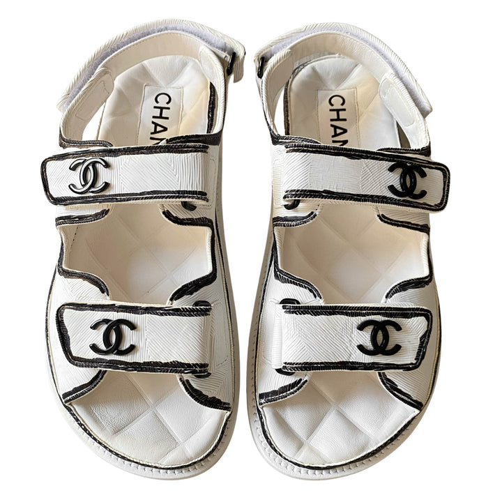 CHANEL 22C Black and White Printed Calfskin CC 'Dad' Velcro Sandals Sz35- -Dearluxe.com