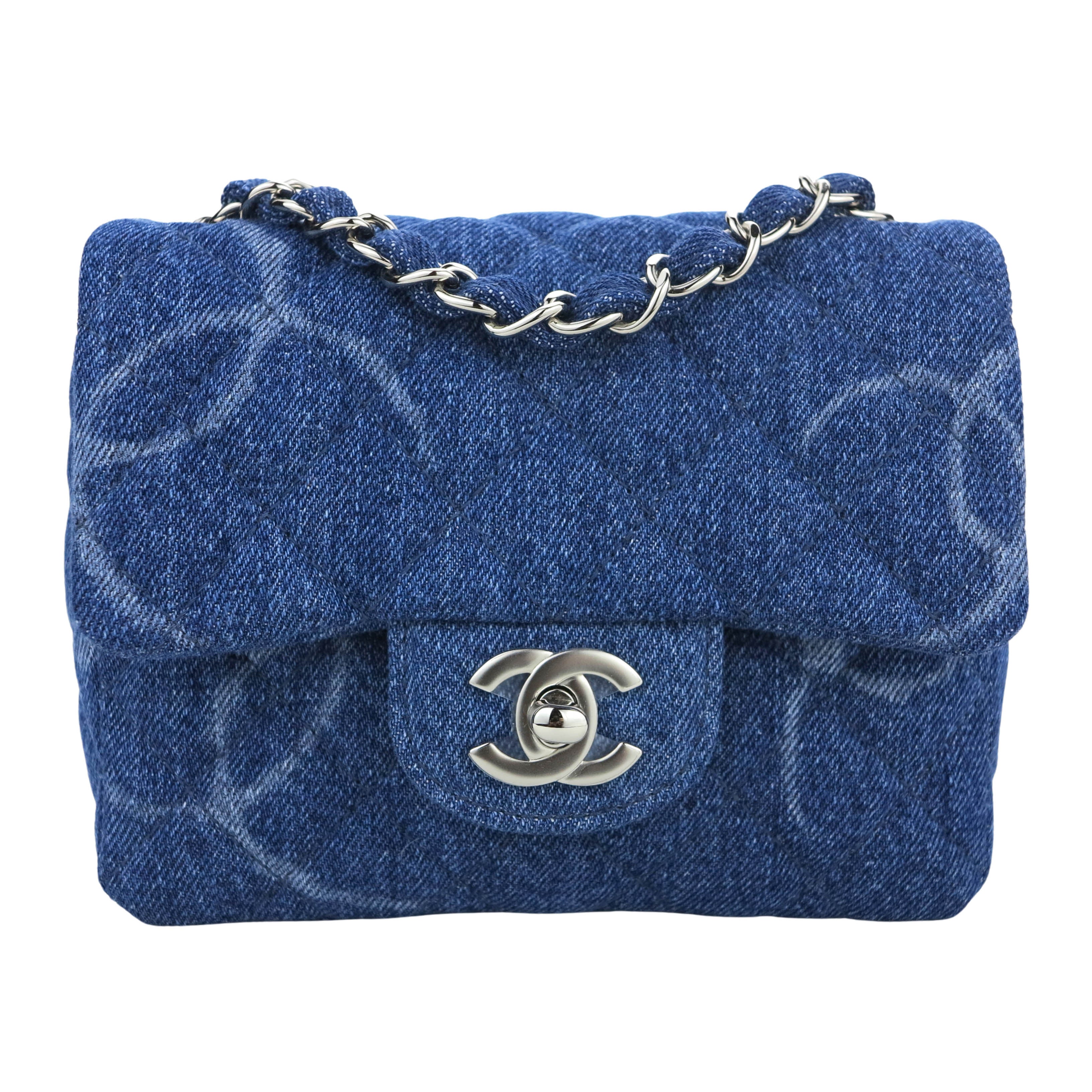 CHANEL Printed CC Blue Denim Classic Mini Square Flap Bag