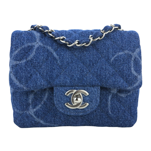 Chanel 20B Blue Denim Mini Square CC Logo Quilted Silver Chain Crossbody Bag