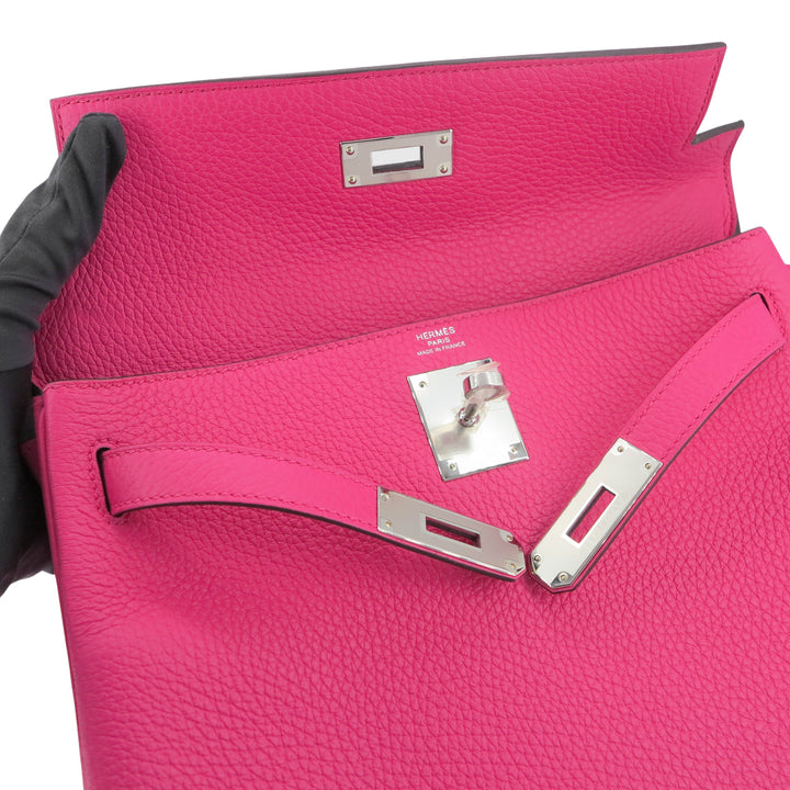 Hermes PHW Kelly 28 Satchel Shoulder Hand Bag Clemence Leather Rose Jaipur  Pink