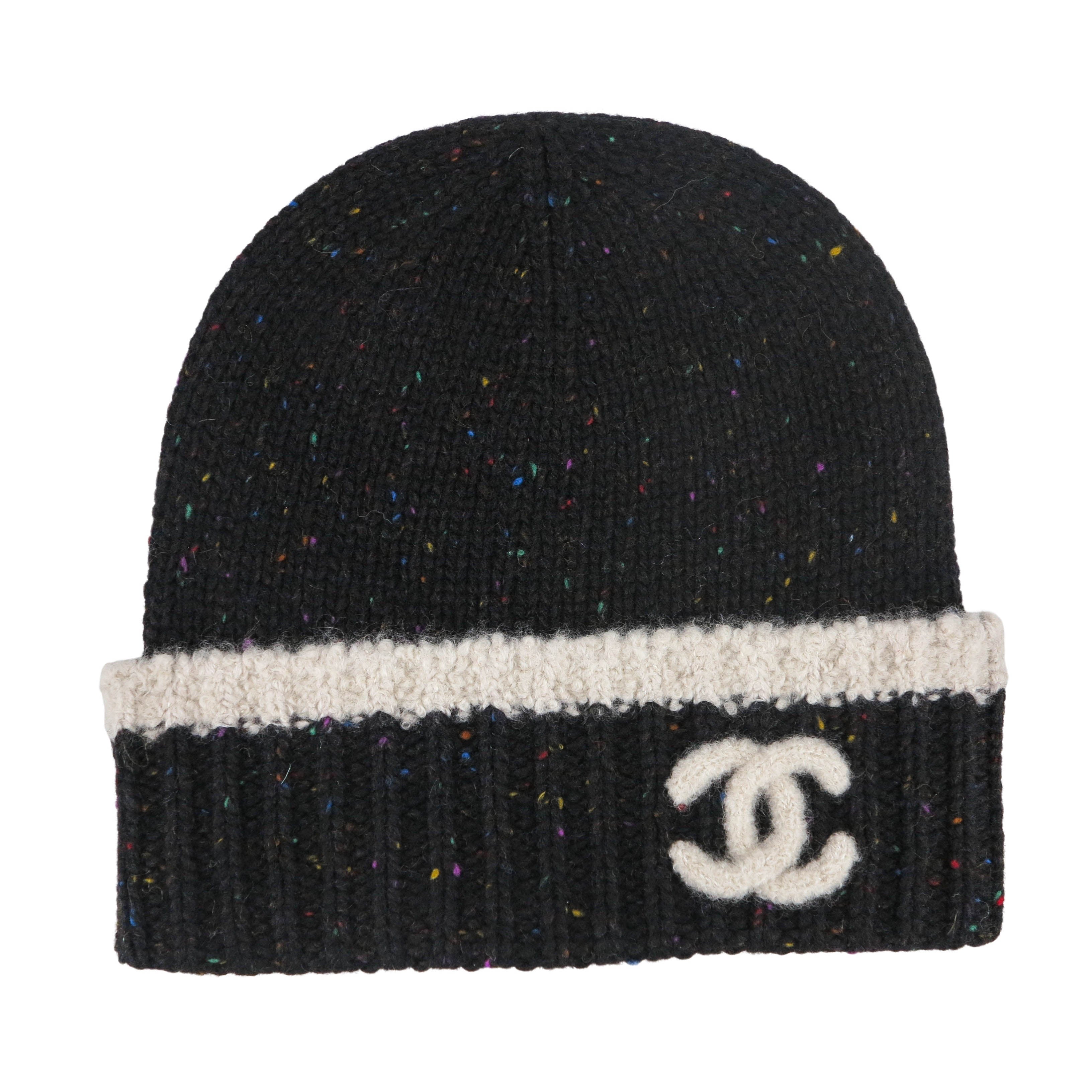 Chanel CC Logo Black Rainbow Specks Cashmere Beanie Hat | Dearluxe