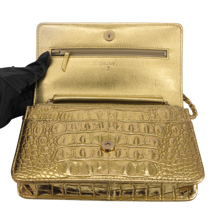 CHANEL 19A Gold Croc Embossed Calfskin Wallet On Chain WOC - Dearluxe.com