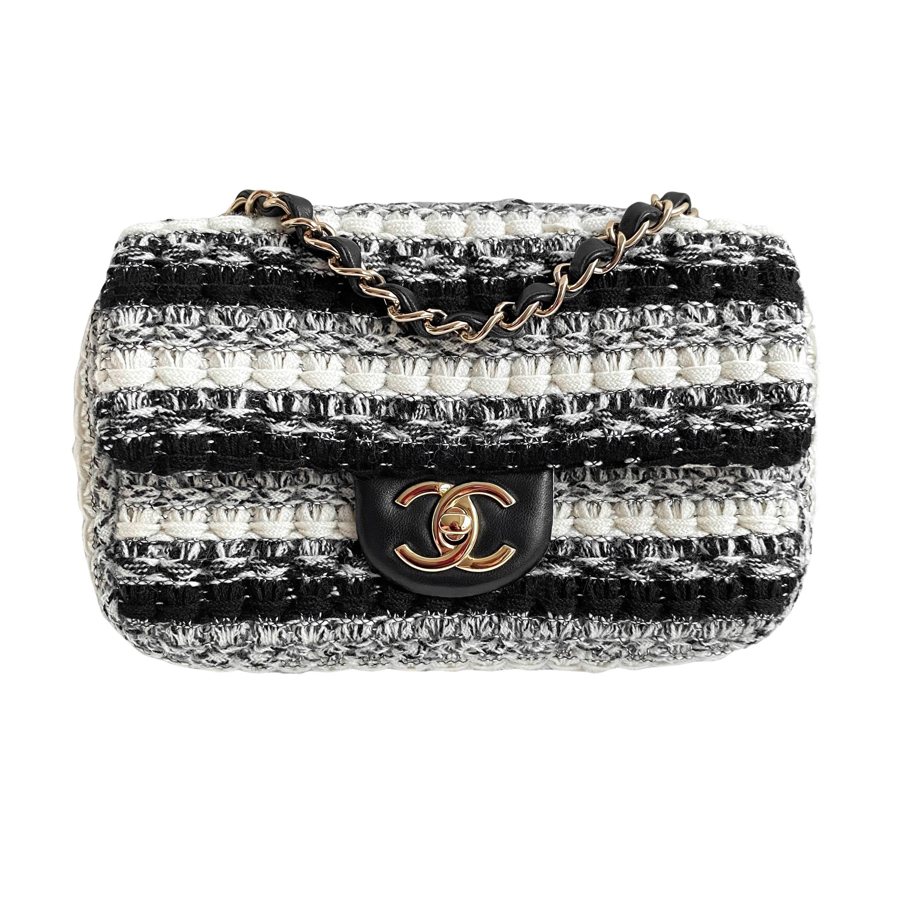 Chanel Classic Single Flap Bag Quilted Houndstooth Tweed and Ribbon Mini