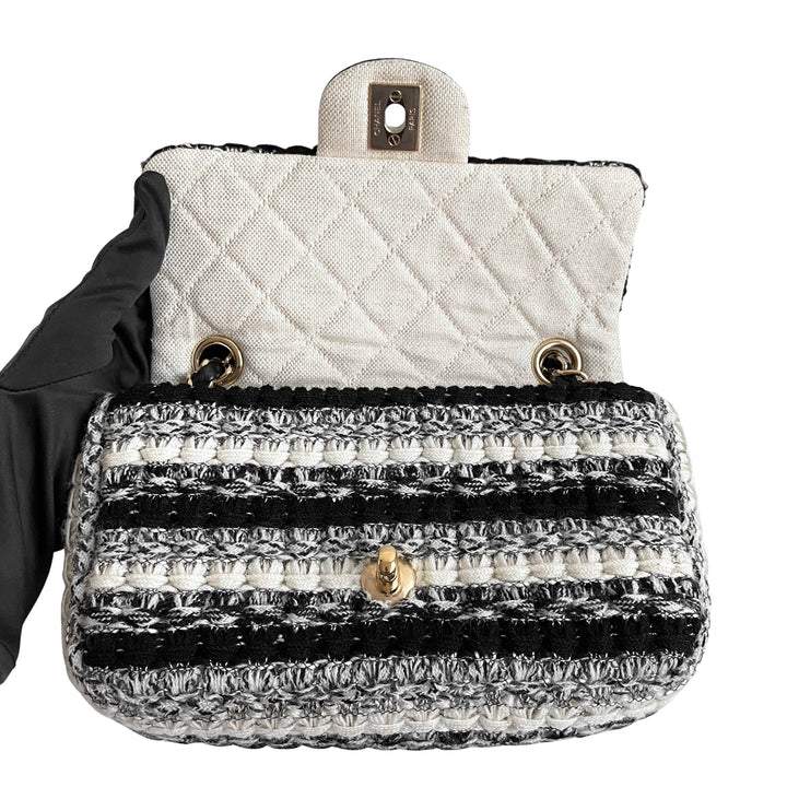 CHANEL 19S Black and White Wool Tweed Mini Flap Bag - Dearluxe.com