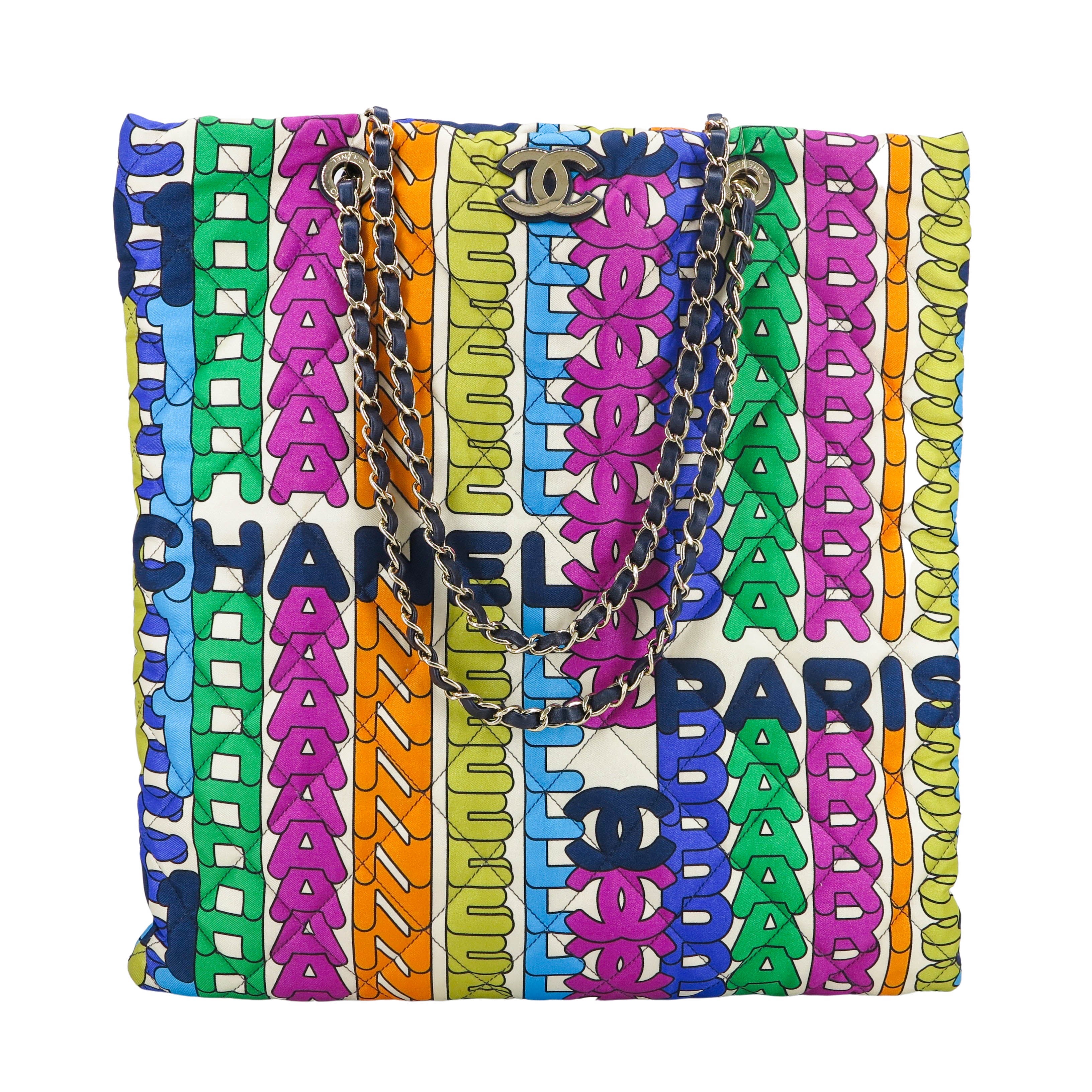 CHANEL 21K Multi Color Rainbow Letter Logo Quilted Nylon Tote Bag