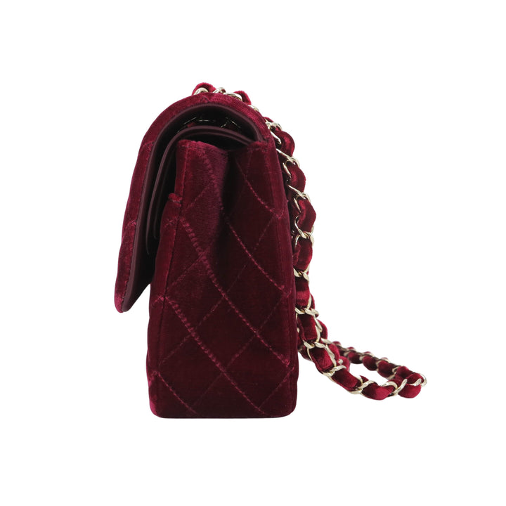 CHANEL Burgundy Red Velvet Medium Classic Double Flap Bag - Dearluxe.com