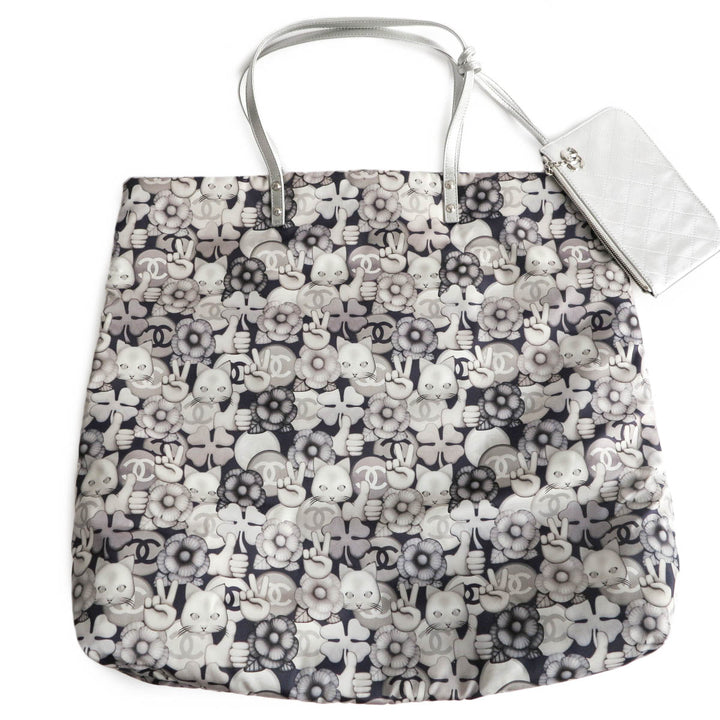 CHANEL Large Peace Cat Emoticon Shopping Tote Bag in Silver Nylon - Dearluxe.com