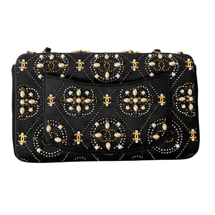 Chanel Black Velvet Embellished CC Logo Frame Clutch Bag Gold