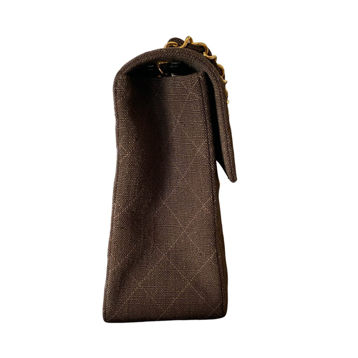 CHANEL Vintage Brown Linen XL Logo Maxi Jumbo Single Flap Bag - Dearluxe.com