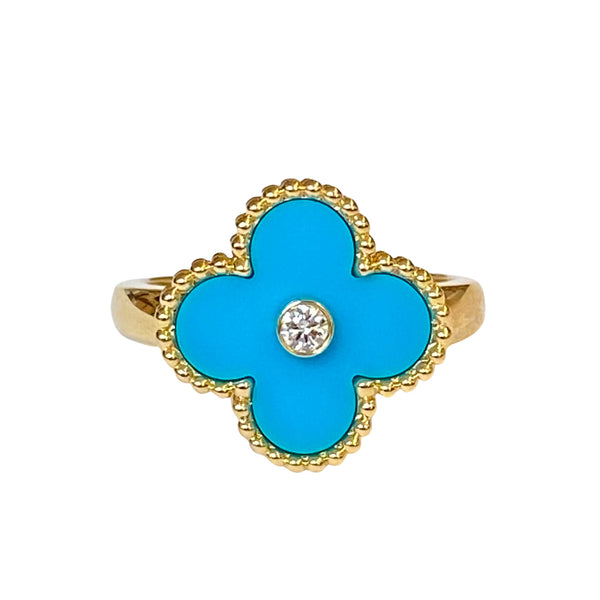 VAN CLEEF & ARPELS Turquoise Vintage Alhambra Diamond Ring 18k Yellow Gold | Dearluxe.com