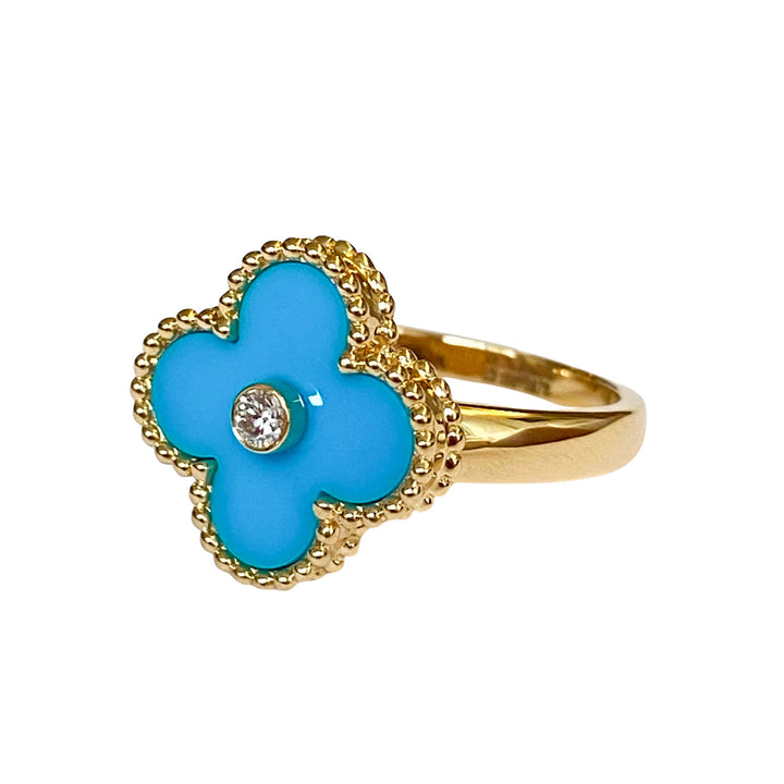 VAN CLEEF & ARPELS Turquoise Vintage Alhambra Diamond Ring 18k Yellow Gold | Dearluxe