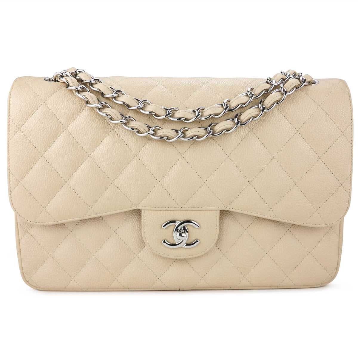 Pre-owned Chanel Cream Caviar Leather Quilted Jumbo Classic Double Flap  Shoulder Bag