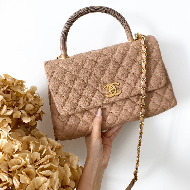 Small Coco Handle Bag with Lizard Handle in Beige Caviar