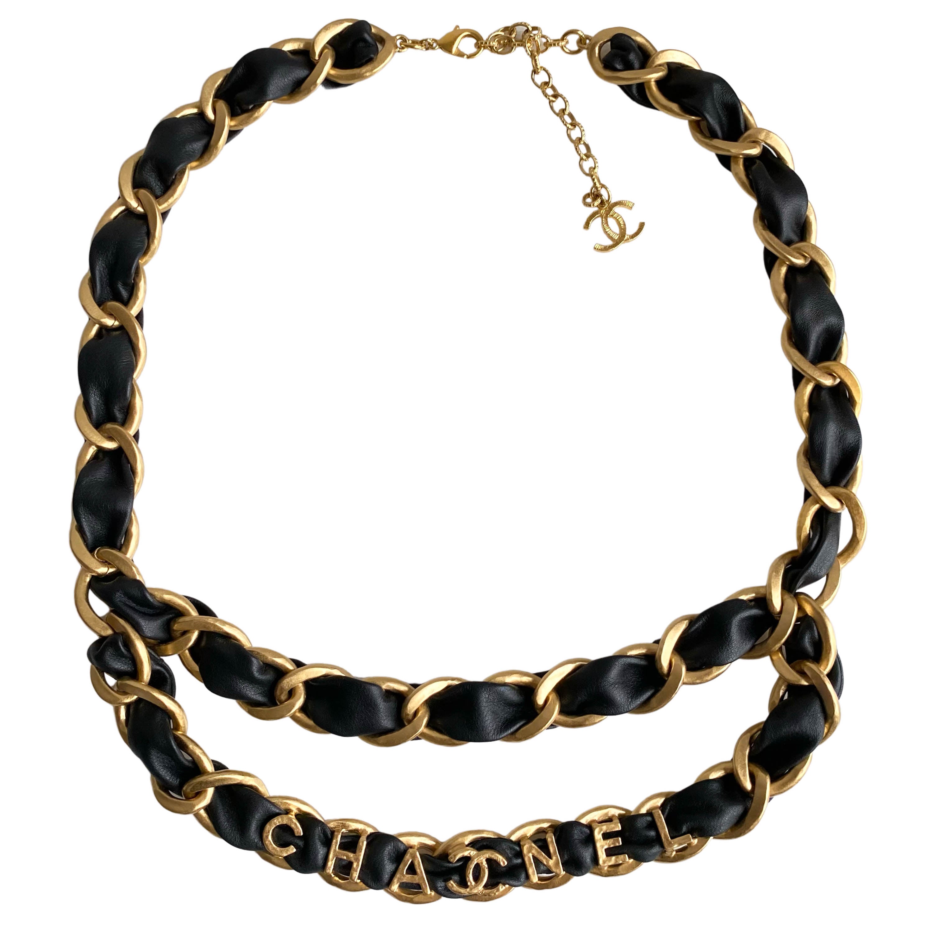 CHANEL 20C Letter Logo Black Leather Gold Chain Belt