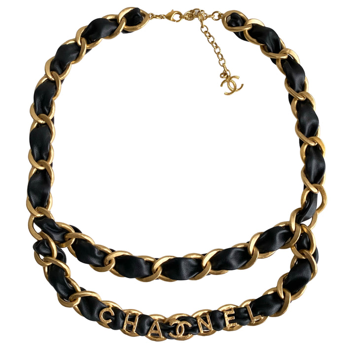 CHANEL 20C Letter Logo Black Leather Gold Chain Belt Dearluxe