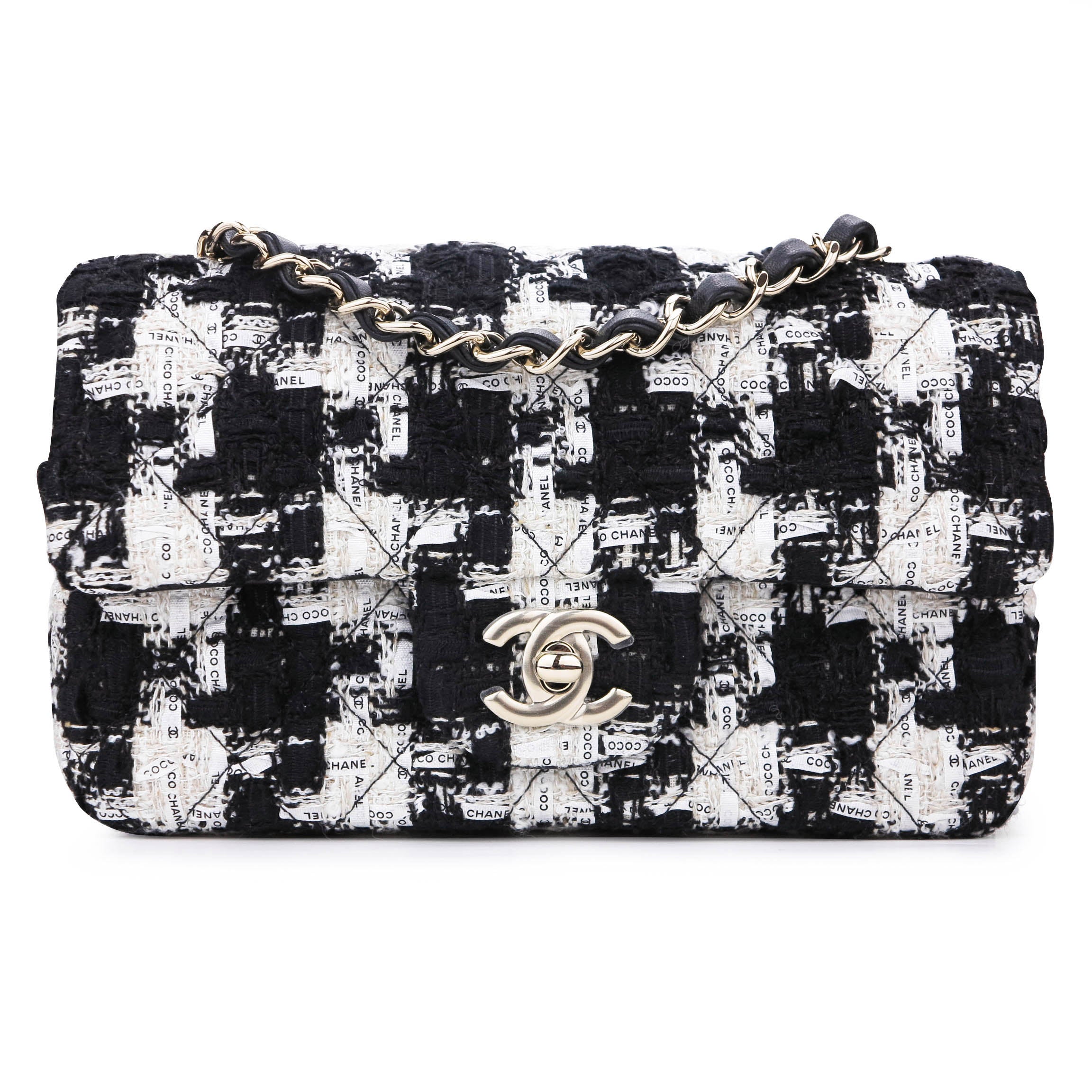 CHANEL 20SS Houndstooth Tweed Mini Rectangular Flap Bag in Black and White