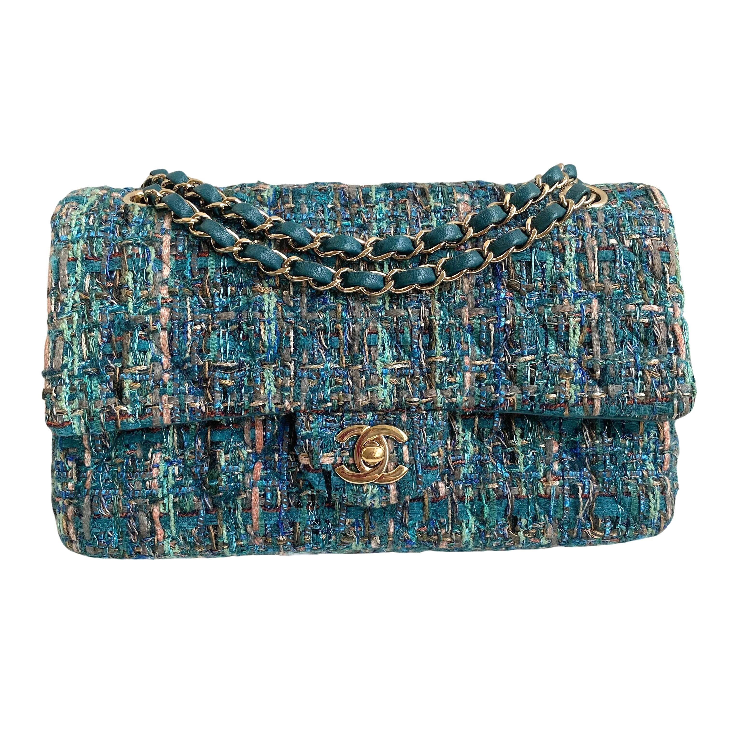 CHANEL 19A Ancient Egypt Turquoise Tweed Medium Classic Double Flap Bag ...