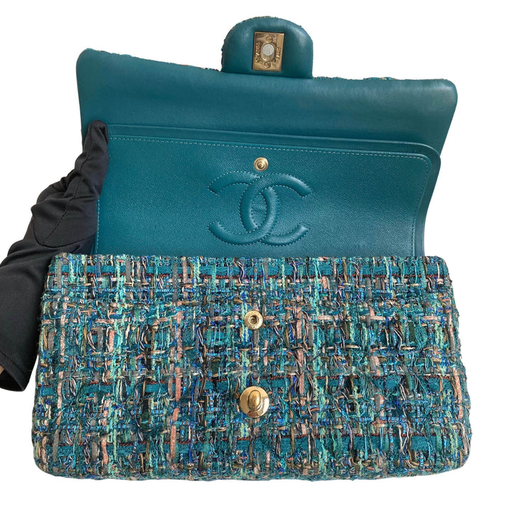 CHANEL 19A Ancient Egypt Turquoise Tweed Medium Classic Double Flap Bag - Dearluxe.com
