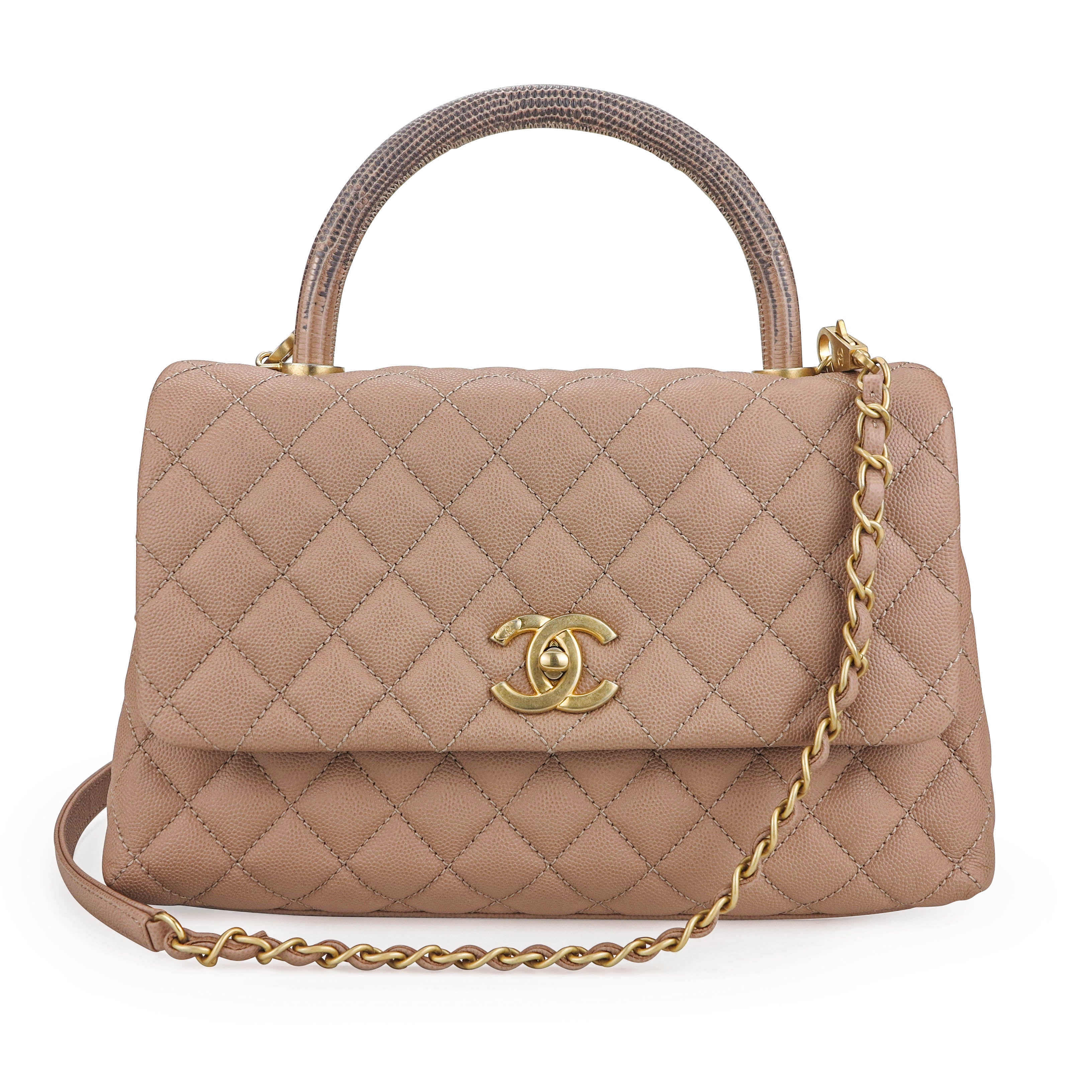 CHANEL Small Coco Handle Bag with Lizard Handle in Beige Caviar
