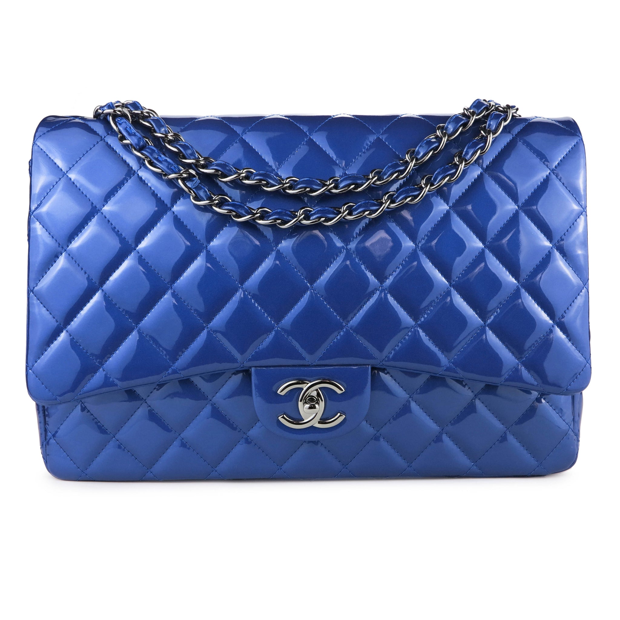 Chanel  Chanel Classic Double Flap Jumbo Royal Blue Metallic Patent  Leather  Queen Station