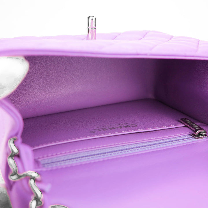 Chanel Mini rectangular purple lambskin with silver hardware 20C new.